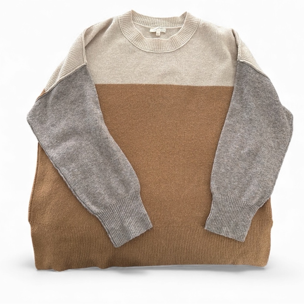 Mystree Crewneck Colorblock Wool Blend Sweater Size Large Brown/Tan/Cream